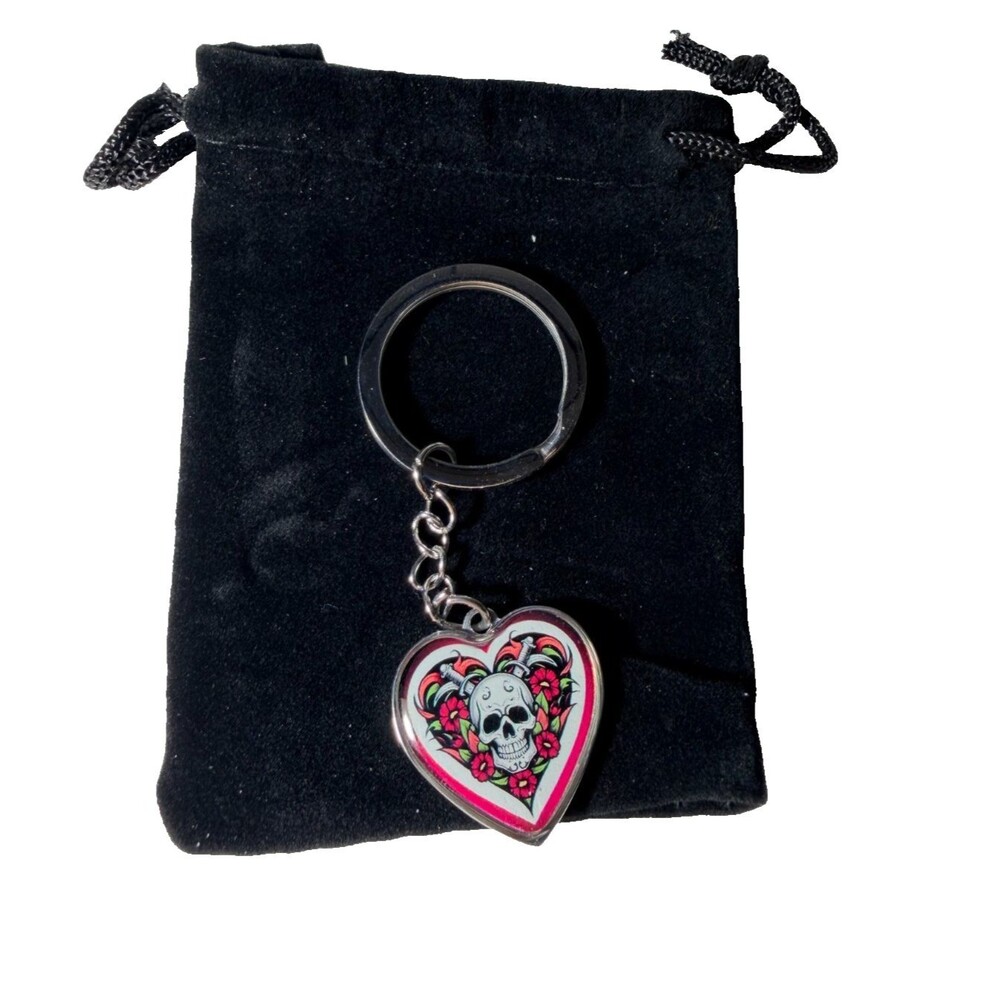 Skull Heart Keychain Gothic Floral Keyring Gift w/ Pouch & Box